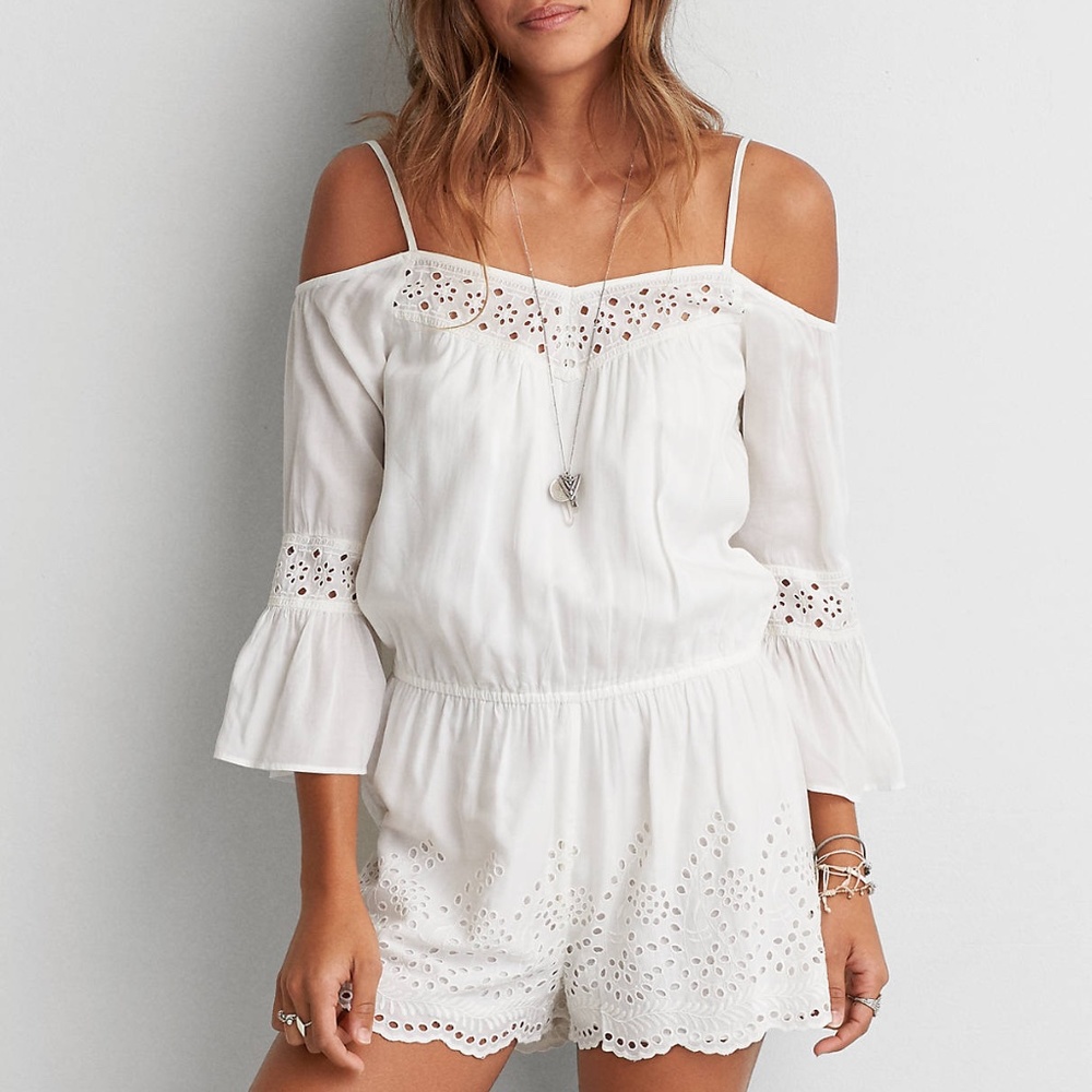 American Eagle Cream Cold Shoulder Eyelet Romper